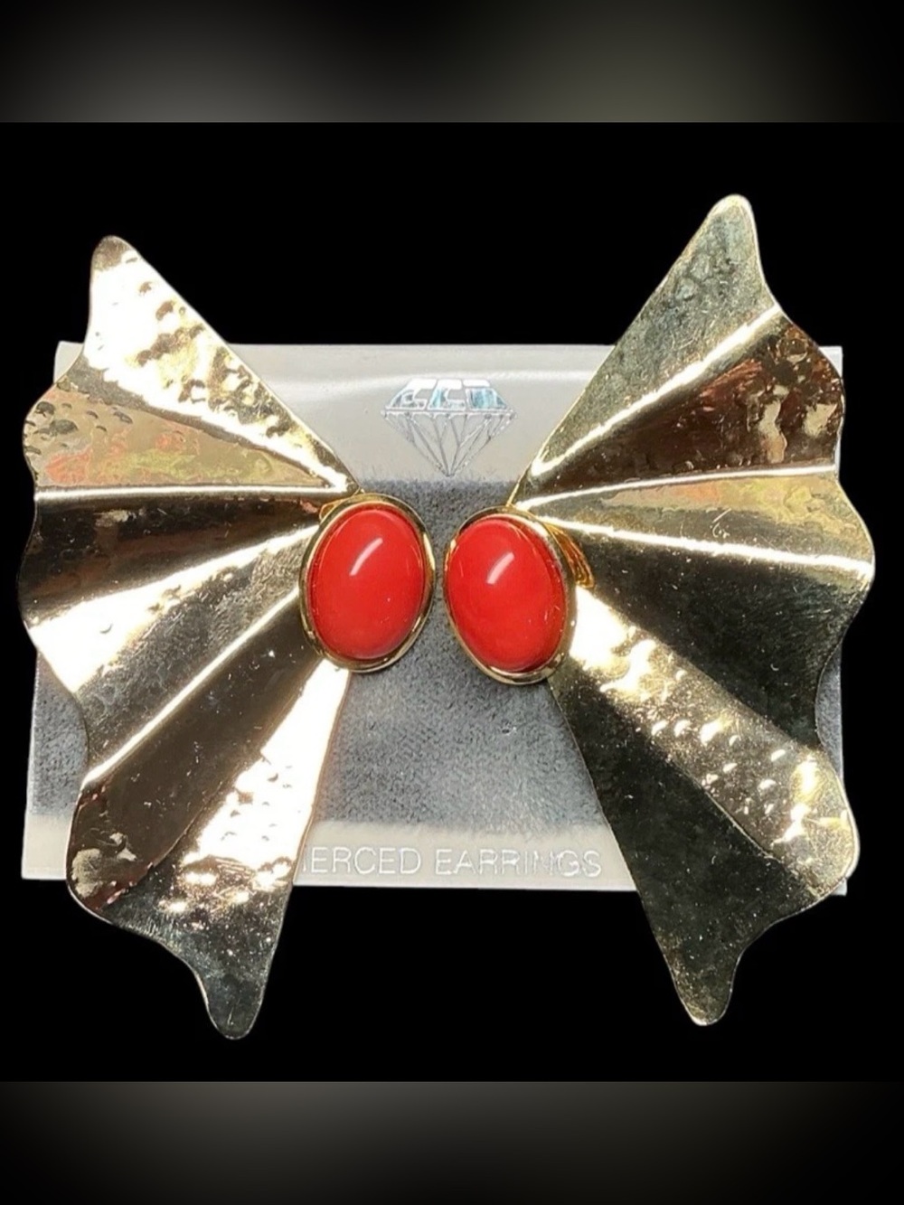Vintage CCI 1980s Gold Tone Blood Orange Cabochon Pierced Statement Earrings